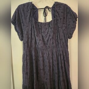 Skies Are Blue Women's Navy Cotton Eyelet Ruffled Tiered Midi Dress 1X Lined